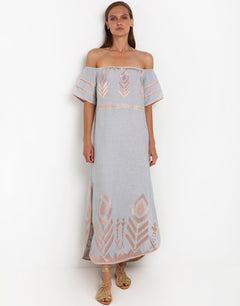 Greek Archaic Kori Feather Off The Shoulder Dress - Light Grey and Pink Bronze - Simply Beach UK