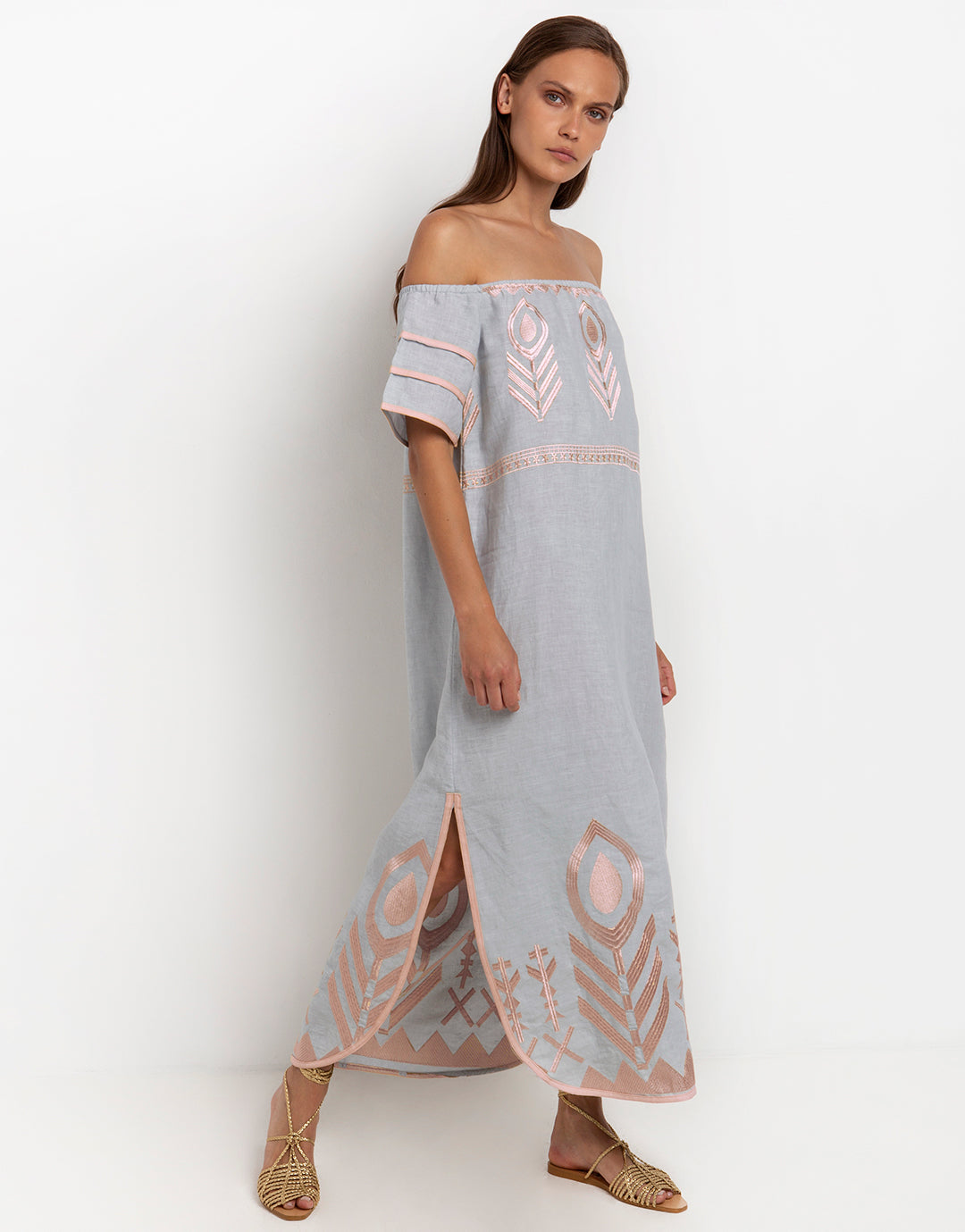 Greek Archaic Kori Feather Off The Shoulder Dress - Light Grey and Pink Bronze - Simply Beach UK