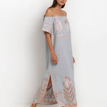 Greek Archaic Kori Feather Off The Shoulder Dress - Light Grey and Pink Bronze - Simply Beach UK