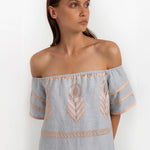 Greek Archaic Kori Feather Off The Shoulder Dress - Light Grey and Pink Bronze - Simply Beach UK