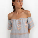 Greek Archaic Kori Feather Off The Shoulder Dress - Light Grey and Pink Bronze - Simply Beach UK
