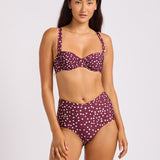 Dolce Dot Ruched Band High Waist Bikini Pant - Dark Burgundy