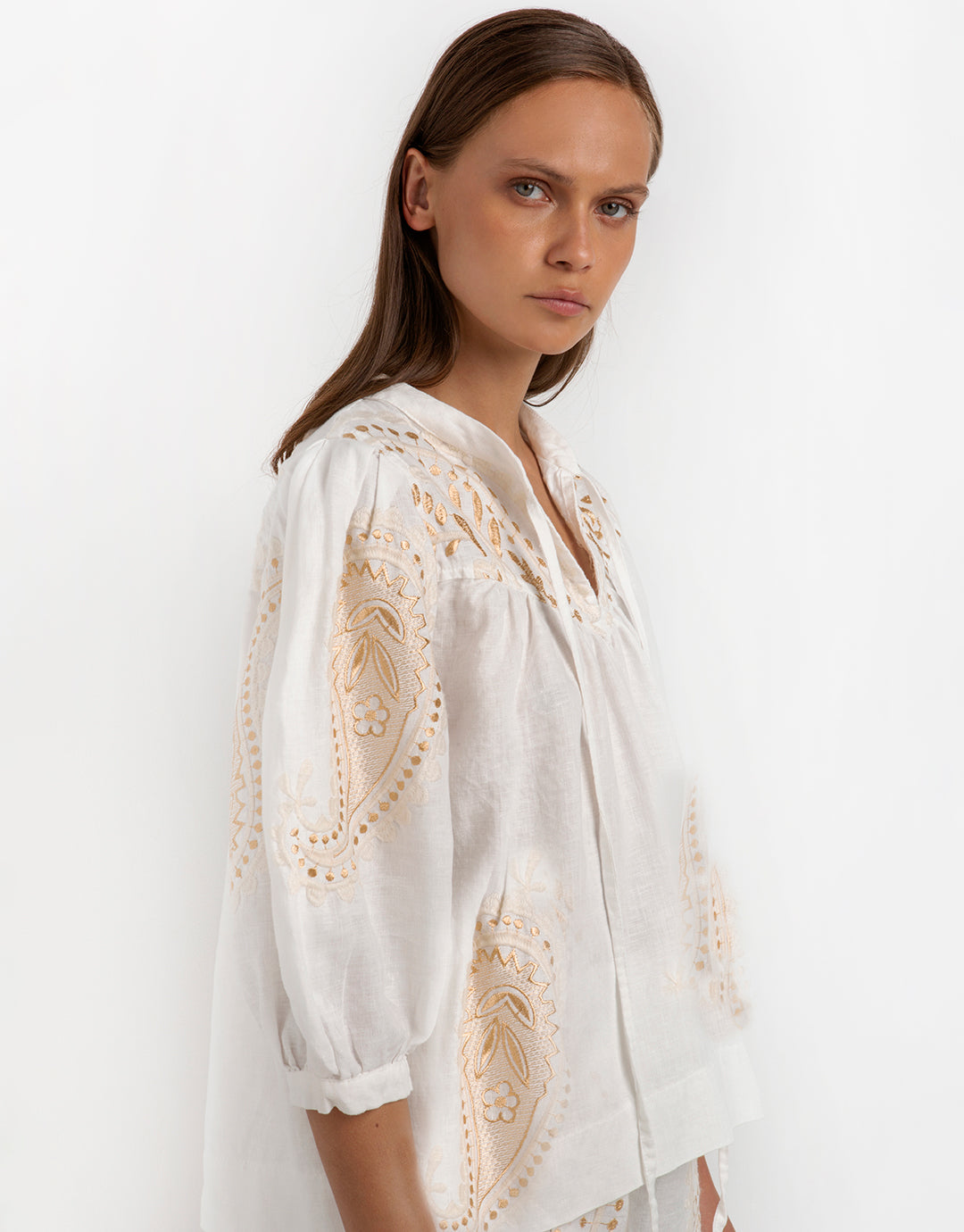 Paisley Long Sleeve Blouse - White and Gold - Simply Beach UK