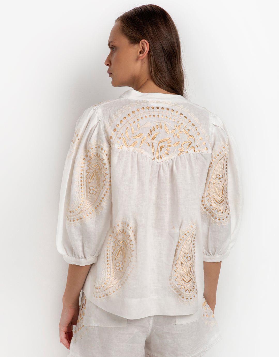 Paisley Long Sleeve Blouse - White and Gold - Simply Beach UK