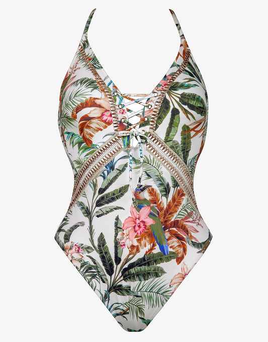 Exotic Dive Lace Up Plunge Swimsuit - Retro Tropics - Simply Beach UK