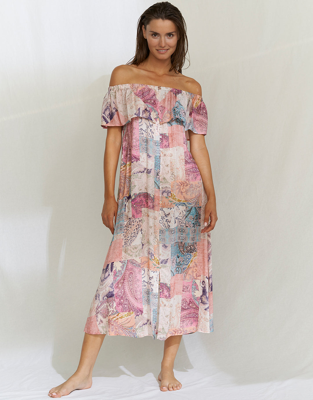 Paisley Savage Off the Shoulder Dress - Muted Pastels - Simply Beach UK
