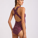 Dolce Dot Ruched Cross Back Swimsuit - Dark Burgundy