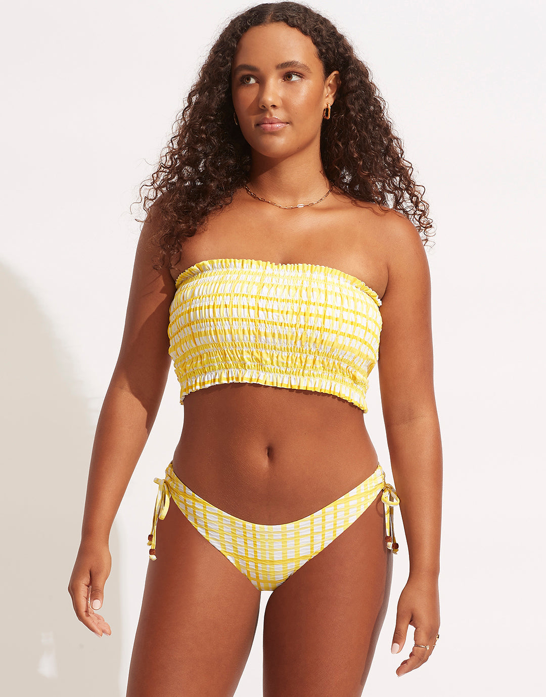 Amalfi Check Shirred Longline Bandeau Bikini Top - Lime Light - Simply Beach UK