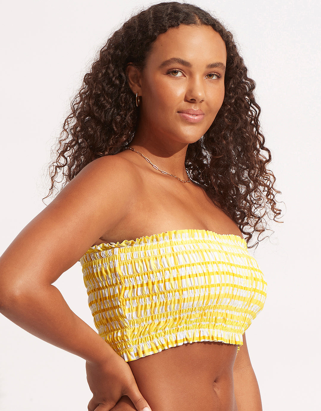 Amalfi Check Shirred Longline Bandeau Bikini Top - Lime Light - Simply Beach UK