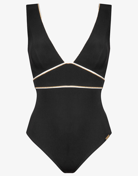 Metrics Wide Shoulder Plunge Swimsuit - Black White and Gold - Simply Beach UK