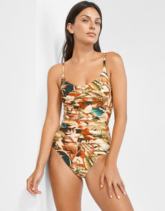 Hypnotic Ruched Underwired Swimsuit - Sepia Leaves - Simply Beach UK