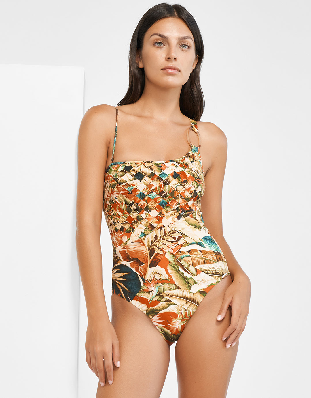 Hypnotic One Shoulder Swimsuit - Sepia Leaves - Simply Beach UK