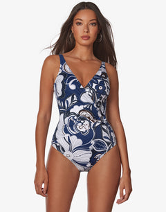 Cachemire Wrap Front Swimsuit - Blue and White - Simply Beach UK