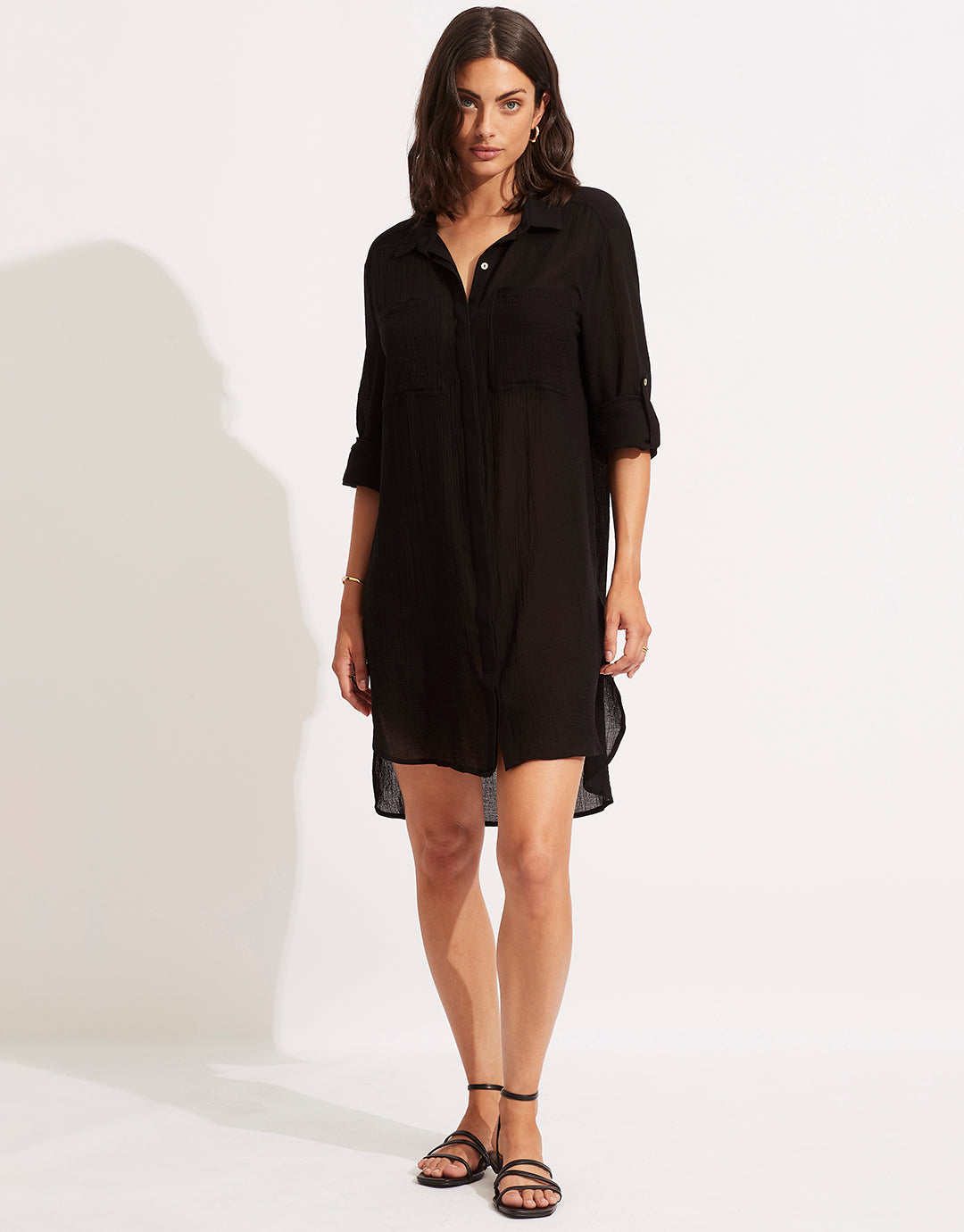 Crinkle Twill Beach Shirt - Black - Simply Beach UK