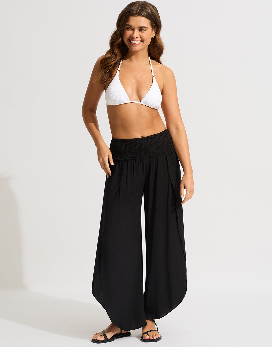 Shirred Waist Wrap Beach Trousers - Black - Simply Beach UK