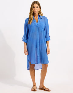 Crinkle Twill Beach Shirt - Sapphire - Simply Beach UK