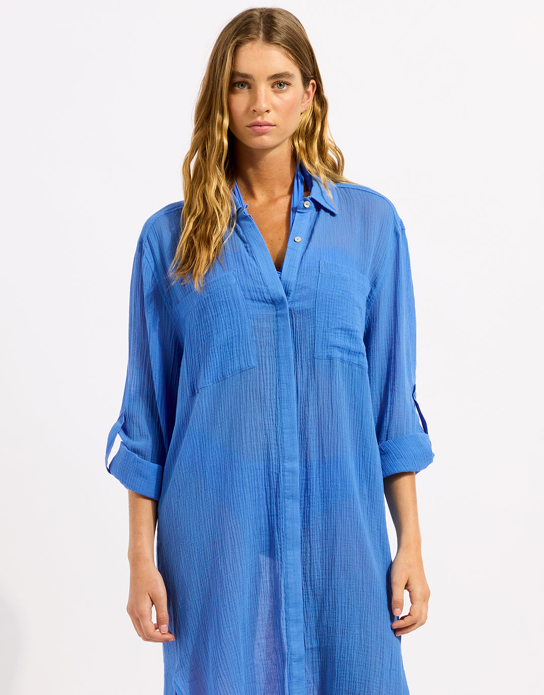 Crinkle Twill Beach Shirt - Sapphire - Simply Beach UK