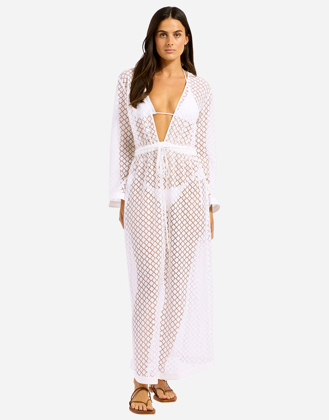 Seafolly Beach Edit Gathered Lace Cover Up - White - Simply Beach UK