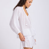 Lurex Gauze Stripe Peasant Top - White