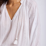Lurex Gauze Stripe Peasant Top - White