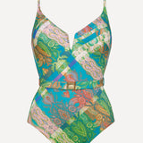 Jacquard Moulded Belted V Front Swimsuit - Blue Tapestry