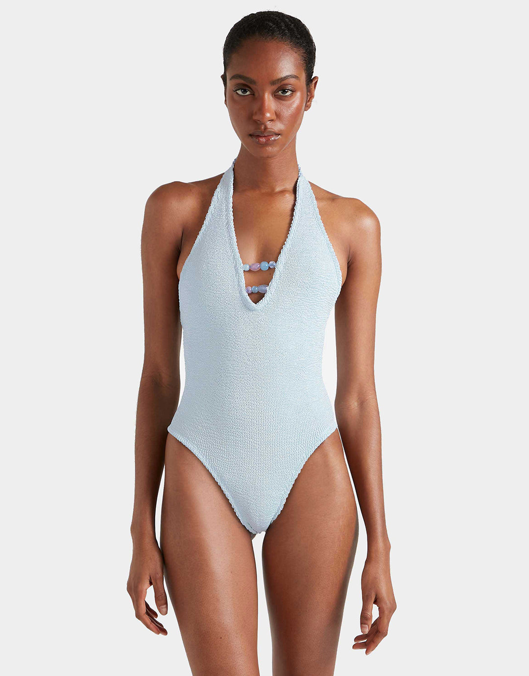 Hunza G Adriana Beaded Swimsuit - Metallic Ice Blue - Simply Beach UK