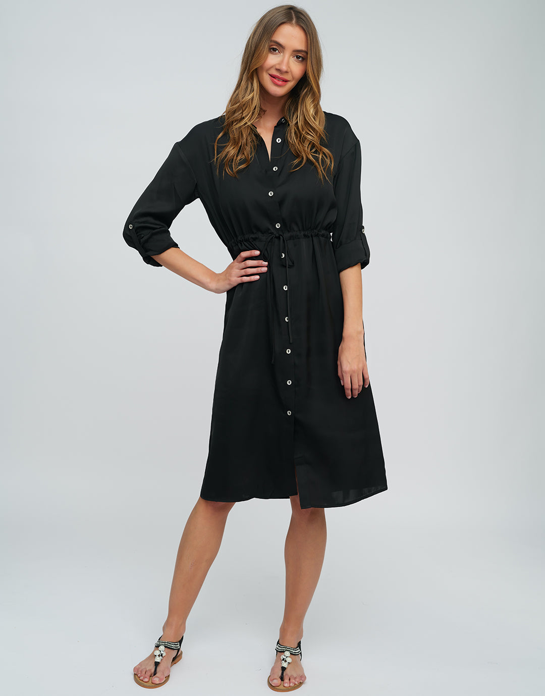 black shirt dresses Satin Jewel Button Down Shirt Dress Black