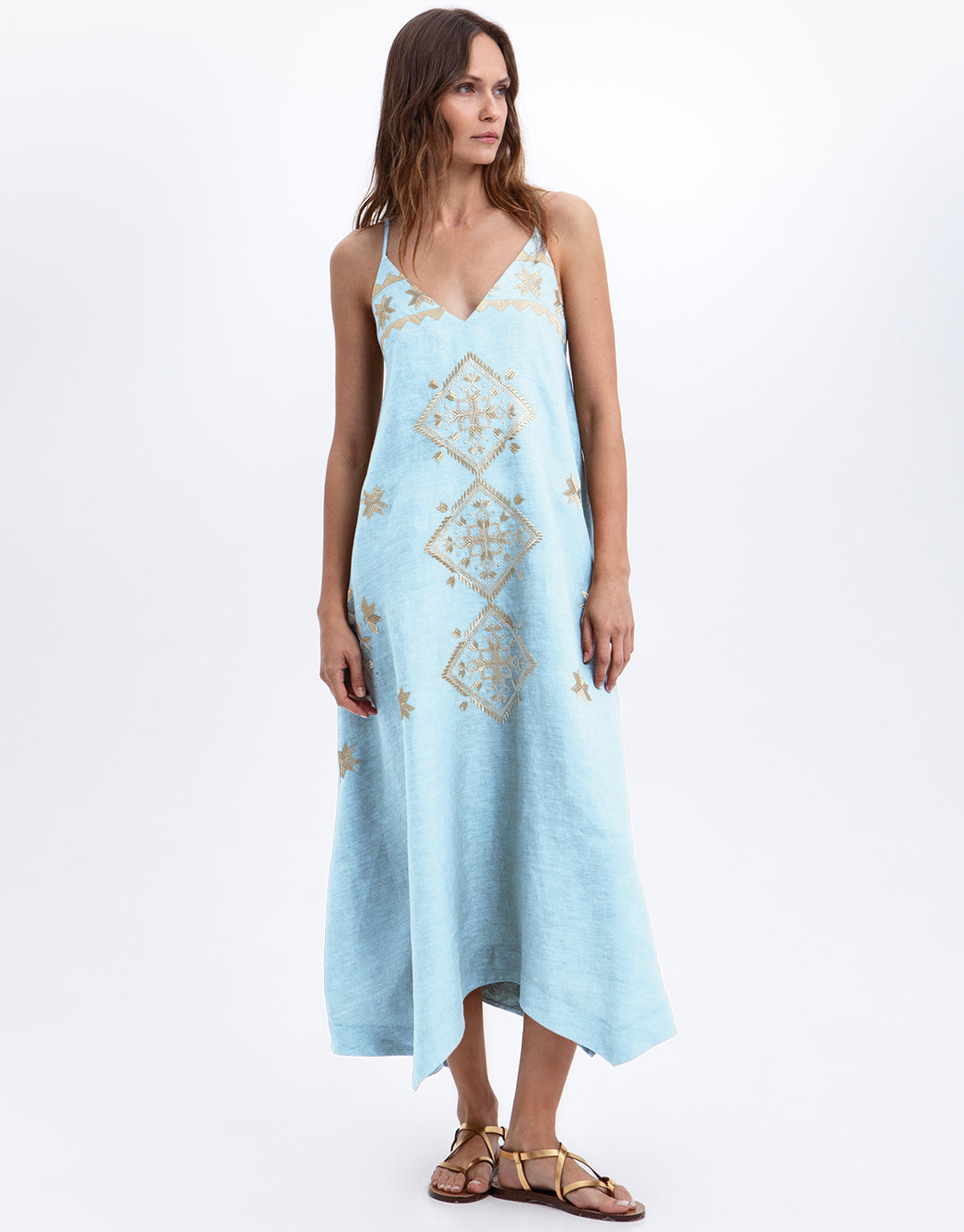 Greek Archaic Kori Lefkada Strappy Dress - Ciel and Gold - Simply Beach UK