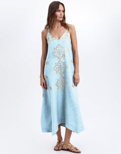 Greek Archaic Kori Lefkada Strappy Dress - Ciel and Gold - Simply Beach UK