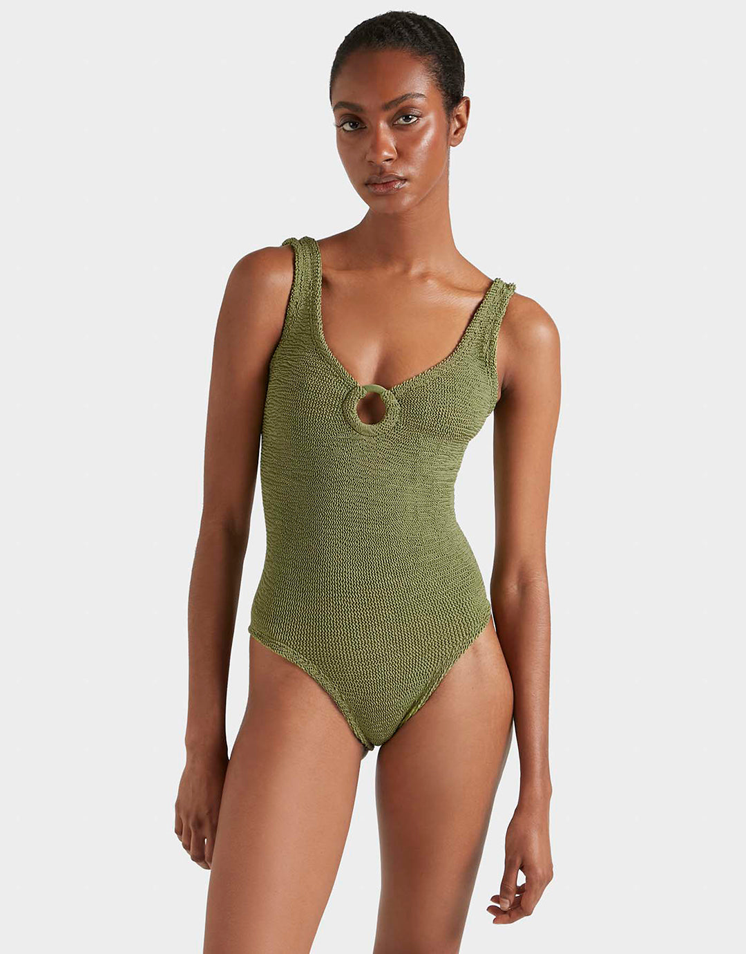 Hunza G Coverage Celine Swimsuit with Tonal Hoop - Metallic Moss - Simply Beach UK