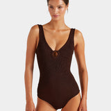 Hunza G Coverage Celine Swimsuit with Tonal Hoop  - Metallic Chocolate - Simply Beach UK
