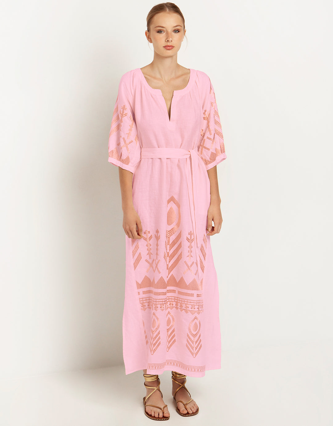 Greek Archaic Kori Feather Kaftan Dress - Pink and Pink Bronze - Simply Beach UK