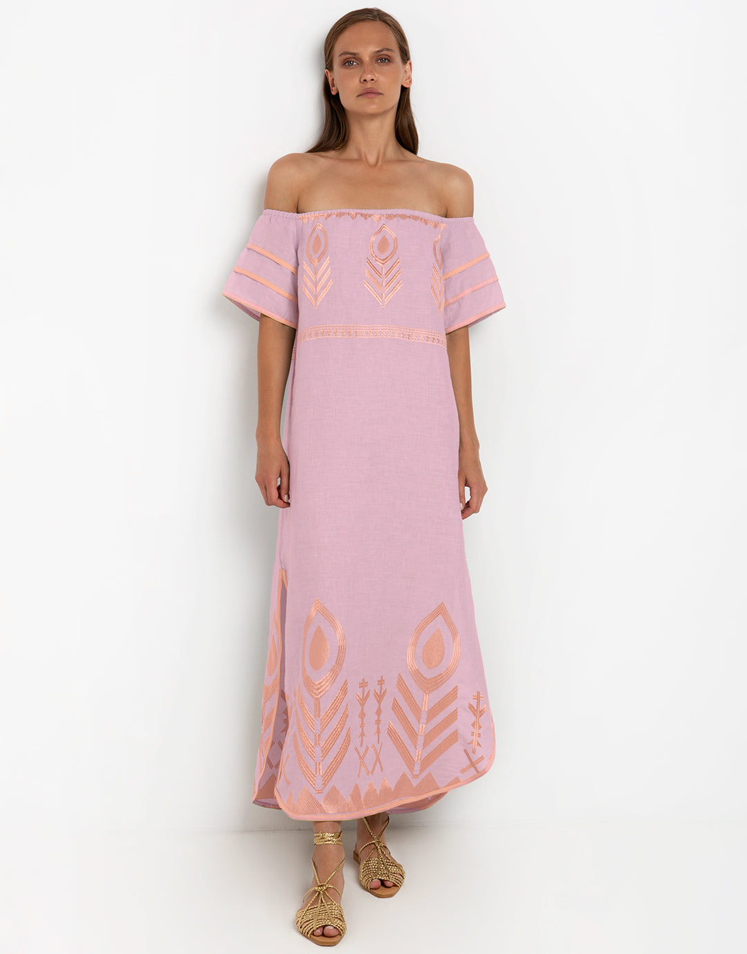 Greek Archaic Kori Feather Off The Shoulder Dress - Pink and Pink Bronze - Simply Beach UK