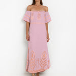 Greek Archaic Kori Feather Off The Shoulder Dress - Pink and Pink Bronze - Simply Beach UK