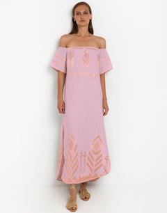Greek Archaic Kori Feather Off The Shoulder Dress - Pink and Pink Bronze - Simply Beach UK