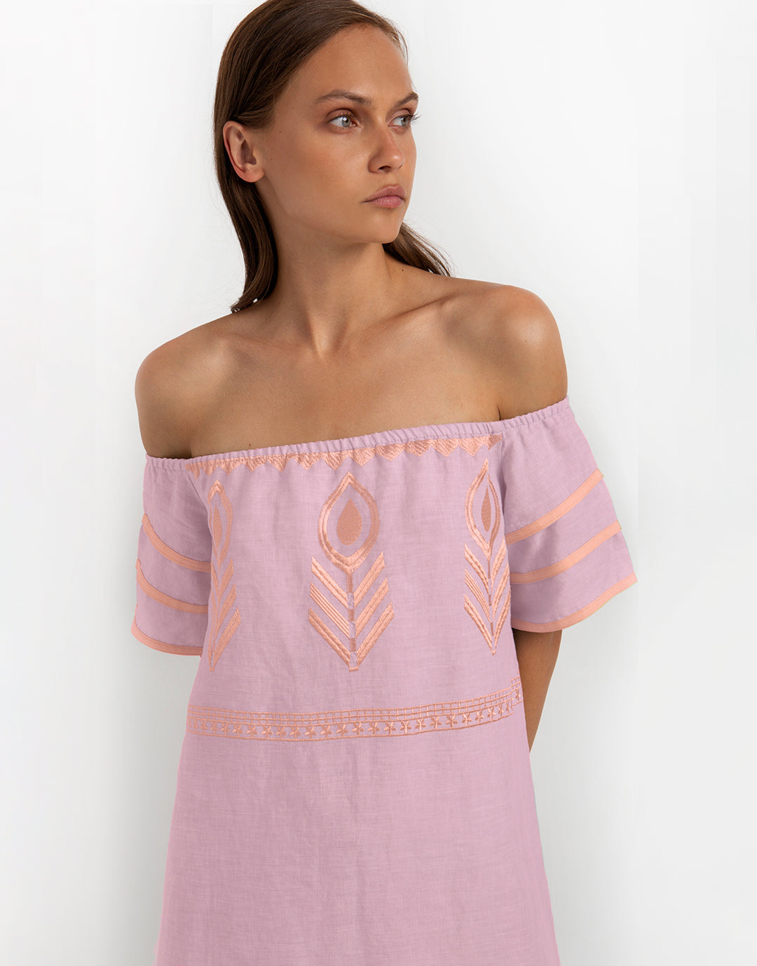 Greek Archaic Kori Feather Off The Shoulder Dress - Pink and Pink Bronze - Simply Beach UK