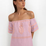 Greek Archaic Kori Feather Off The Shoulder Dress - Pink and Pink Bronze - Simply Beach UK