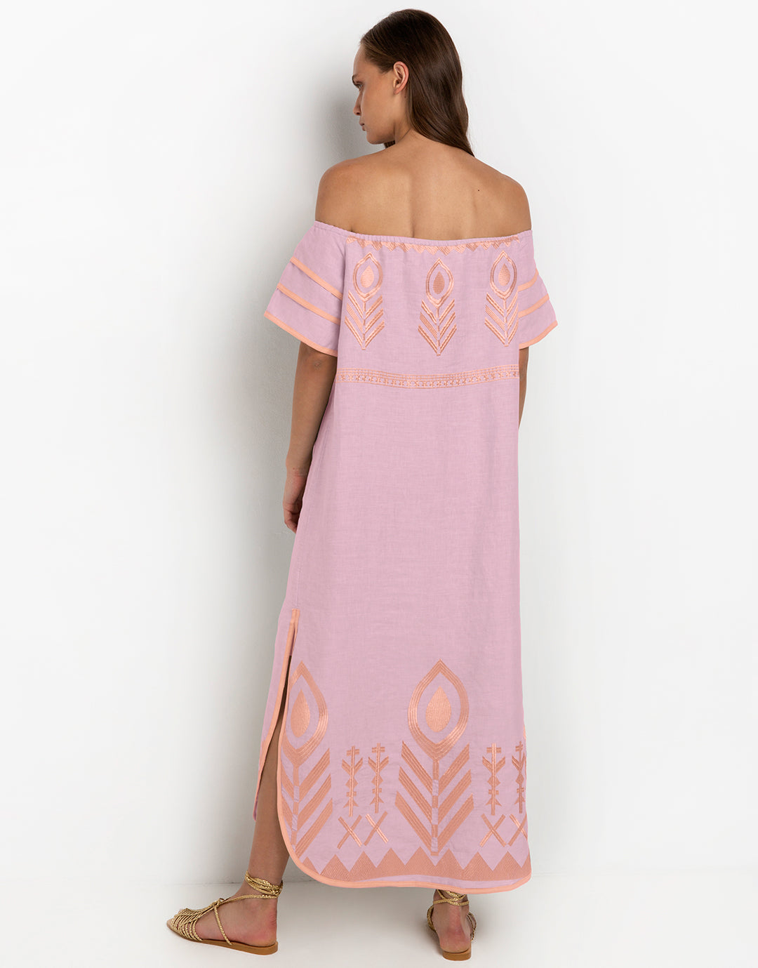 Greek Archaic Kori Feather Off The Shoulder Dress - Pink and Pink Bronze - Simply Beach UK