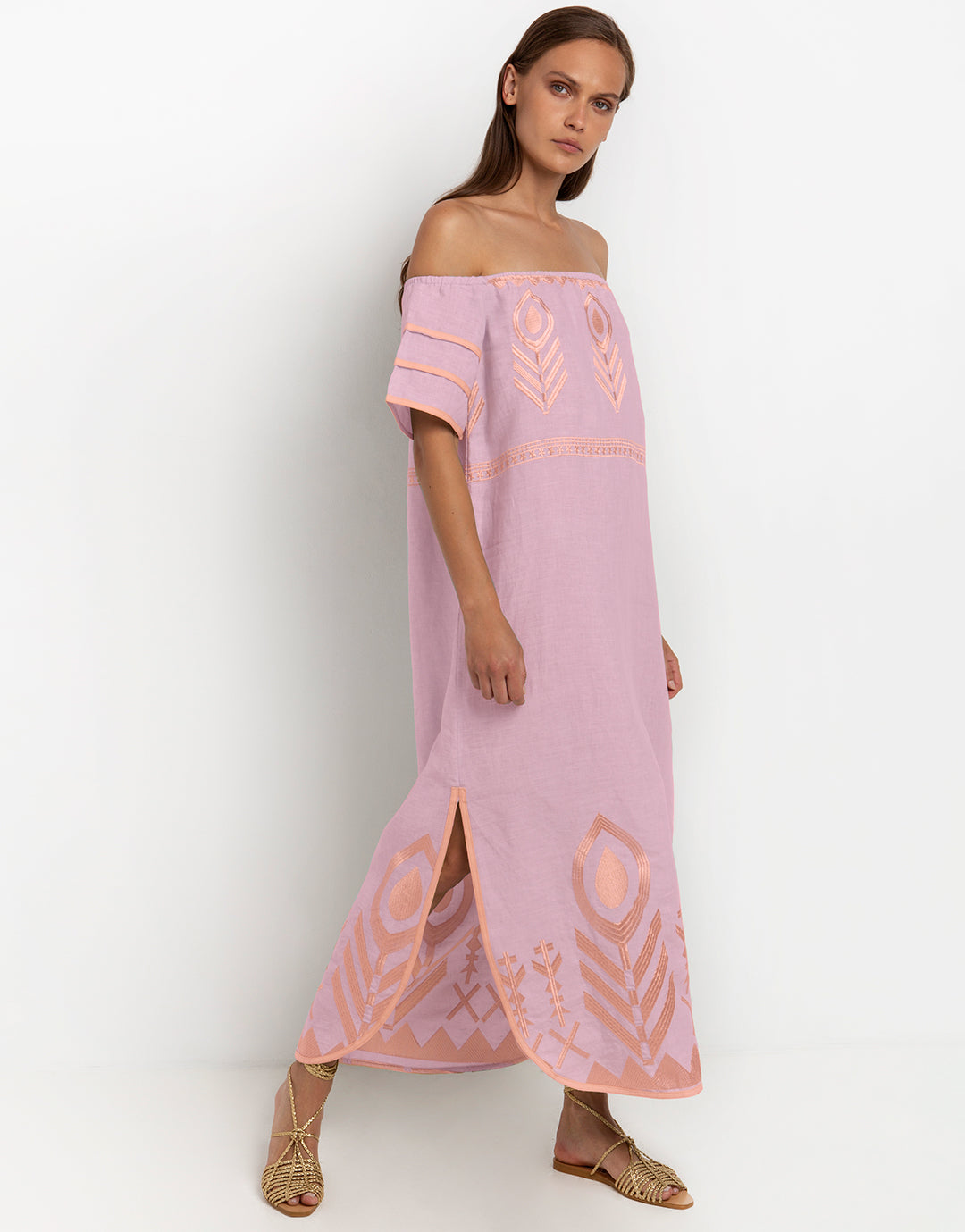 Greek Archaic Kori Feather Off The Shoulder Dress - Pink and Pink Bronze - Simply Beach UK