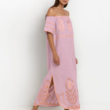 Greek Archaic Kori Feather Off The Shoulder Dress - Pink and Pink Bronze - Simply Beach UK