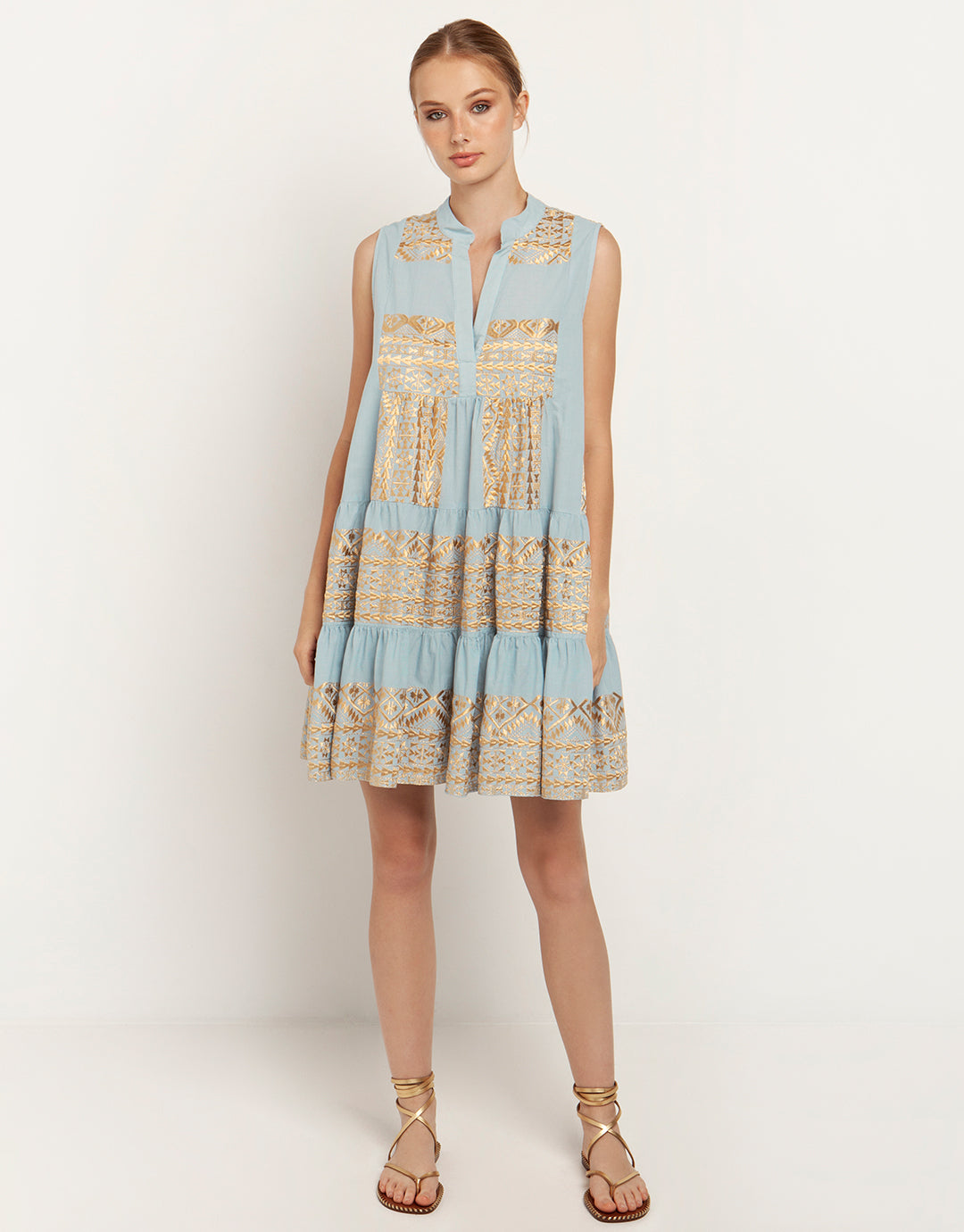 Greek Archaic Kori Classic Triangle Sleeveless Mini Dress - Ciel and Gold - Simply Beach UK