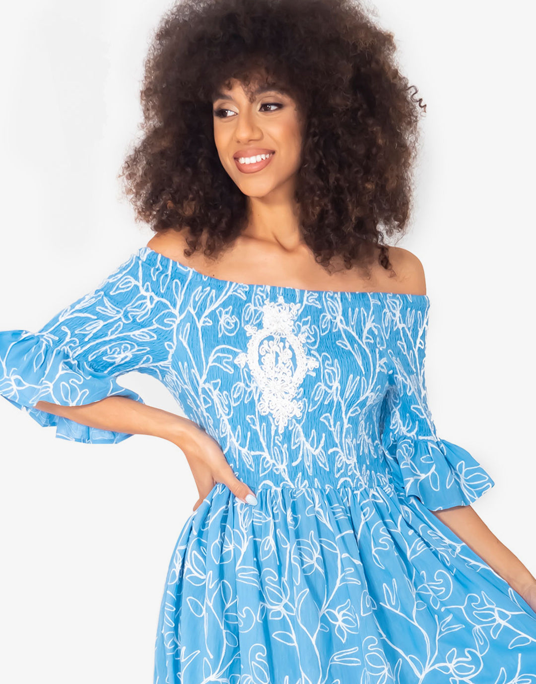 Jessica Off the Shoulder Dress - Mid Blue - Simply Beach UK