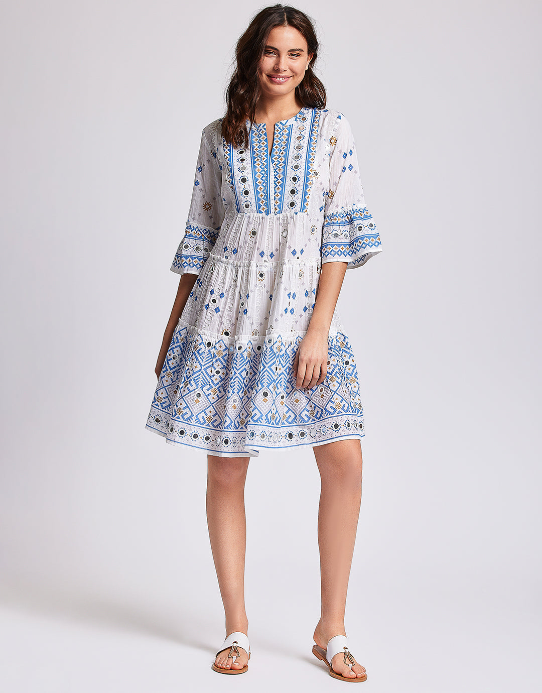 Marina 3/4 Sleeve Dress - White and Blue - Simply Beach UK