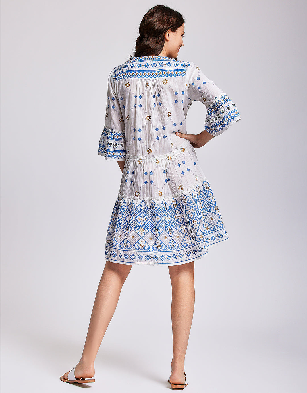 Marina 3/4 Sleeve Dress - White and Blue - Simply Beach UK