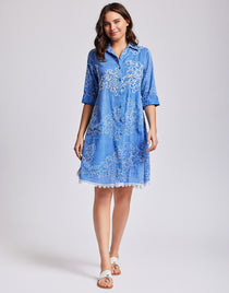 Romina 3/4 Sleeve Shirt Dress - Capri Blue - Simply Beach UK