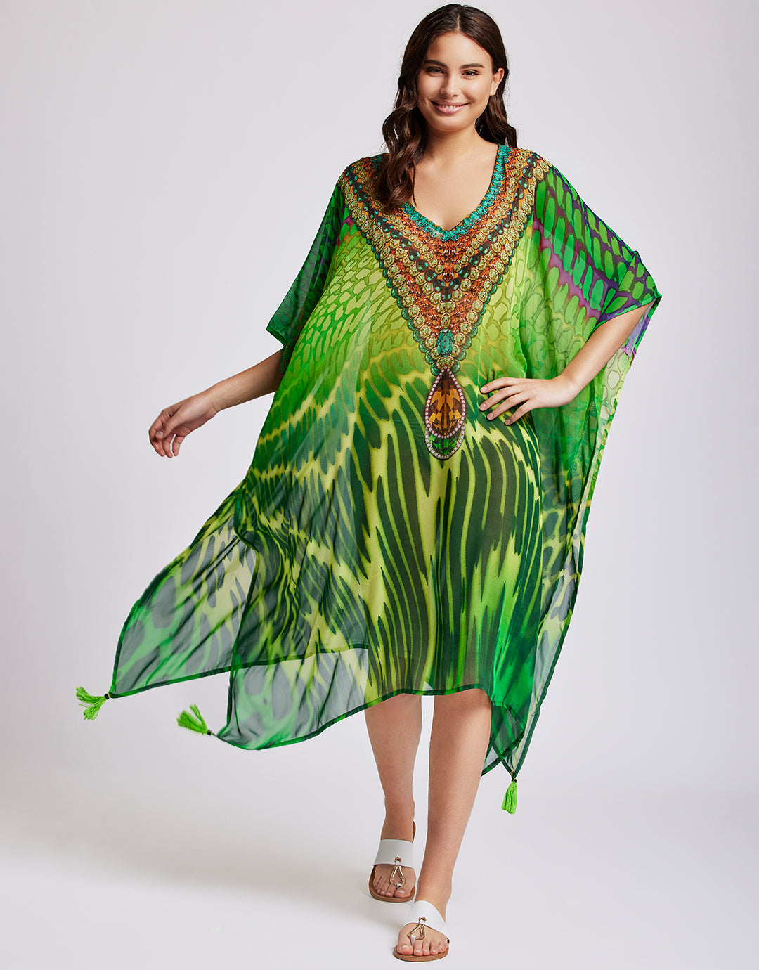 Fuego Poncho Kaftan - Multi Green - Simply Beach UK