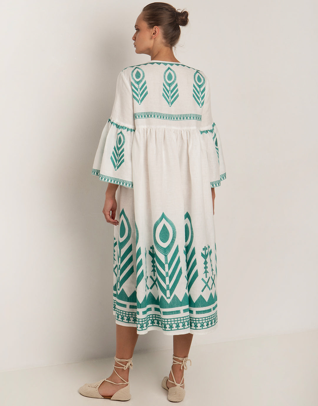 Feathers Bell Sleeve Kaftan - White and Emerald - Simply Beach UK