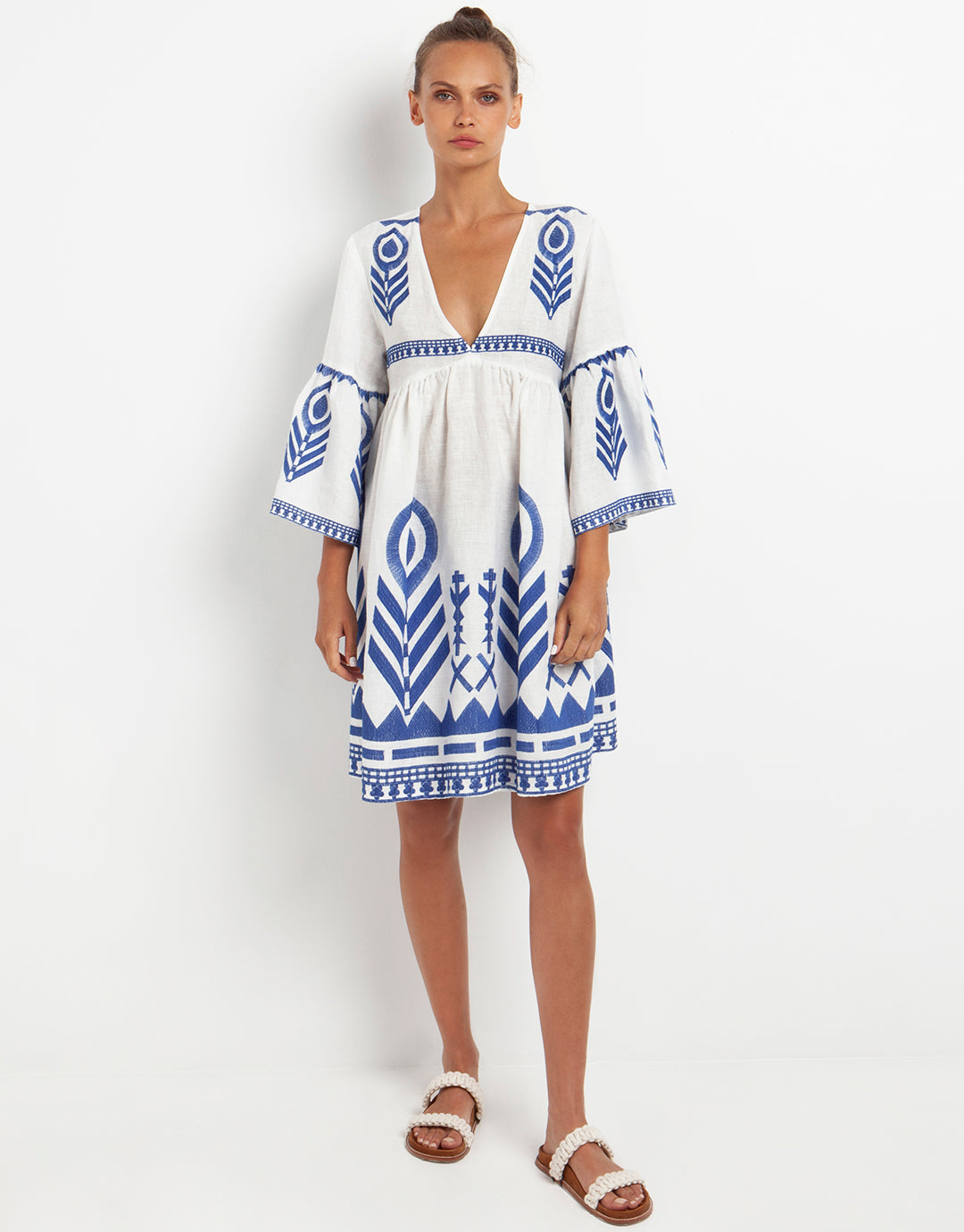 Greek Archaic Kori Feather Mini Dress - White and Blue - Simply Beach UK