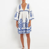 Greek Archaic Kori Feather Mini Dress - White and Blue - Simply Beach UK