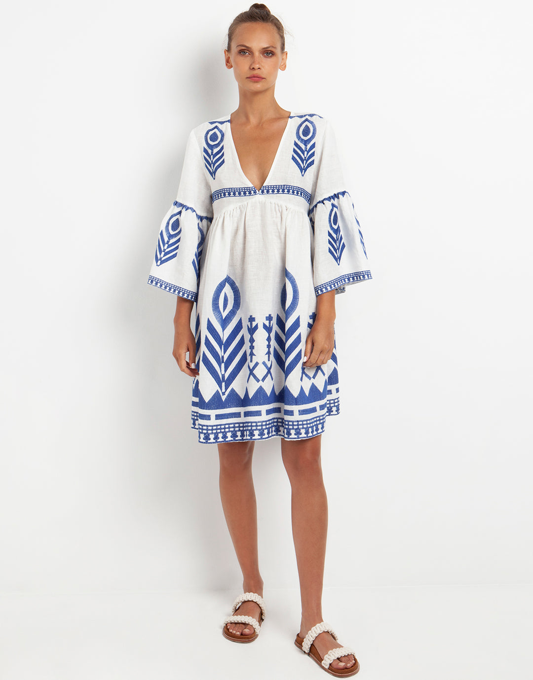 kori feather linen dress Greek Archaic Grey & Gold Embroidered for Women, 100% Linen, Made in Greece from casual outings to formal events Feathers Mini Dress - White